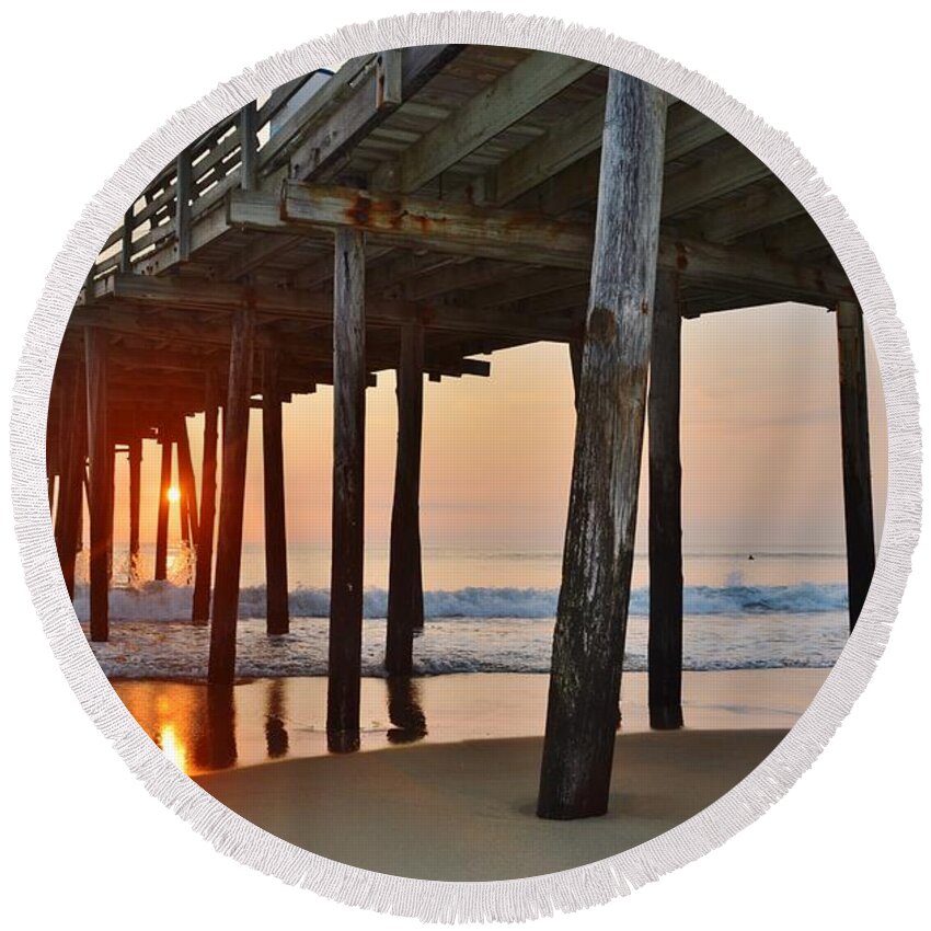 Obx Sunrise Round Beach Towel featuring the photograph Nags Head Fishing Pier 8/2016 by Barbara Ann Bell