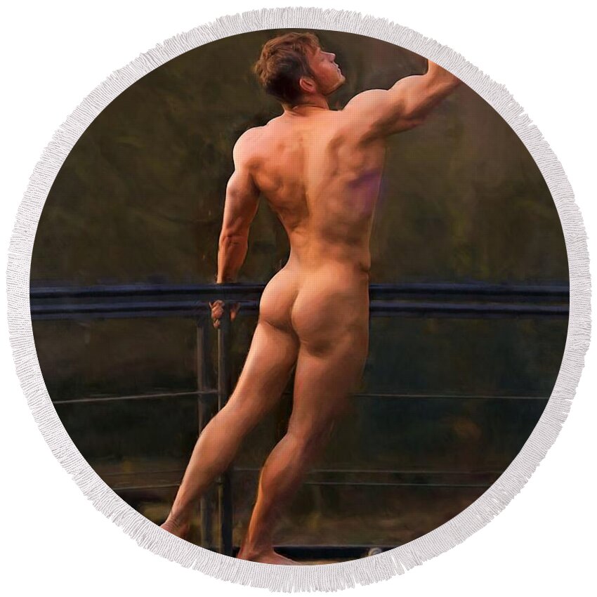 Troy Caperton Round Beach Towel featuring the painting Naked on a Rail by Troy Caperton
