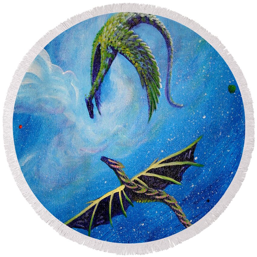 Dragon Round Beach Towel featuring the painting Namaste by M E