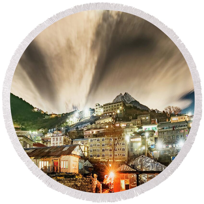 Namche Round Beach Towel featuring the photograph Namche Night by Dan McGeorge