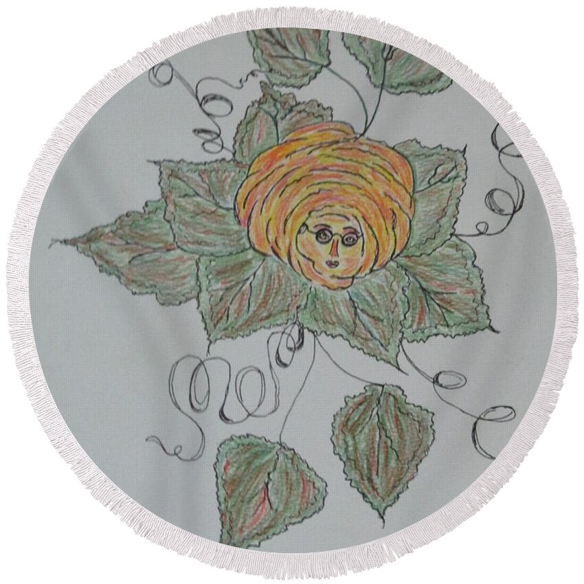 Abstract Roses Whimsical Fun Family Green Rose Yellow Rose Green Brown Orange Round Beach Towel featuring the drawing Nana Rose Is Here by Sharyn Winters