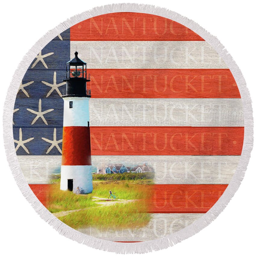Nantucket Round Beach Towel featuring the digital art Nantucket Flag with Sankaty Lighthouse by Barry Wills