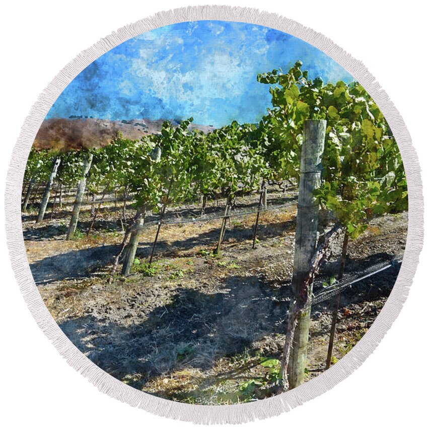 Red Wine Round Beach Towel featuring the photograph Napa Valley Vineyard ona Blue Sky Day by Brandon Bourdages