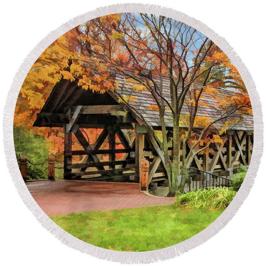 Naperville Round Beach Towel featuring the painting Naperville Riverwalk Covered Bridge by Christopher Arndt