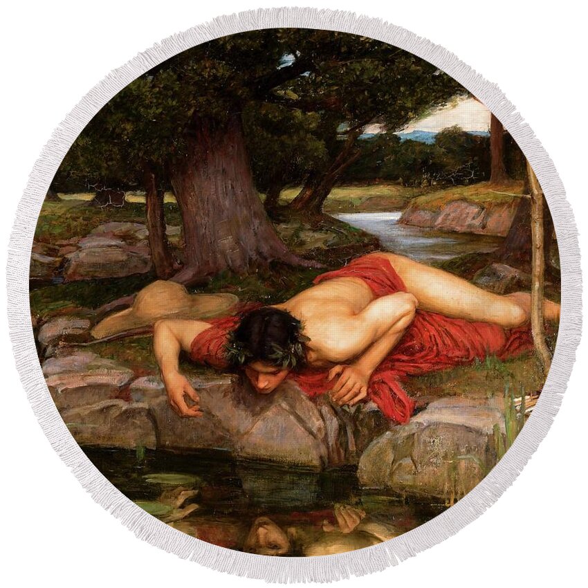 Narcissus Round Beach Towel featuring the painting Narcissus by John William Waterhouse