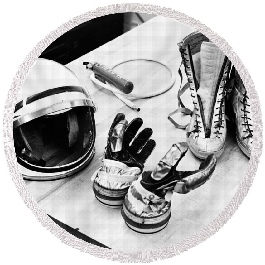  (28 July 1961) --- Table Top View Round Beach Towel featuring the photograph NASA Mercury suit components including gloves boots and helmet by Vintage Collectables