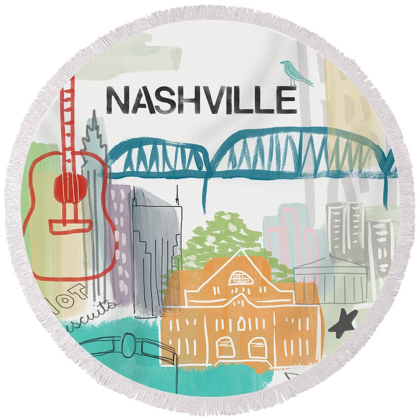 Nashville Round Beach Towel featuring the painting Nashville Cityscape- Art by Linda Woods by Linda Woods