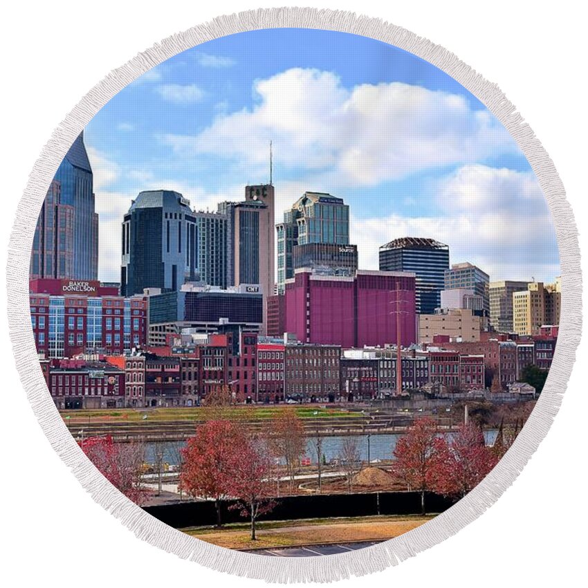 Nashville Round Beach Towel featuring the photograph Nashville on the Riverfront by Frozen in Time Fine Art Photography