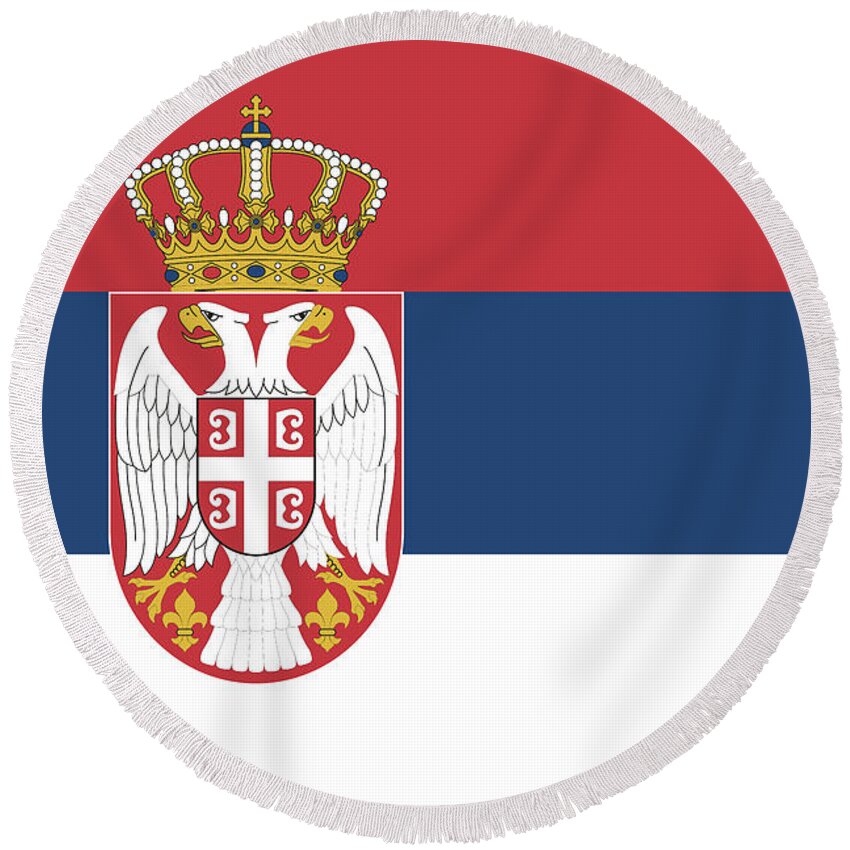 Music Cd Round Beach Towel featuring the digital art National Flag of Serbia. by Roy Pedersen