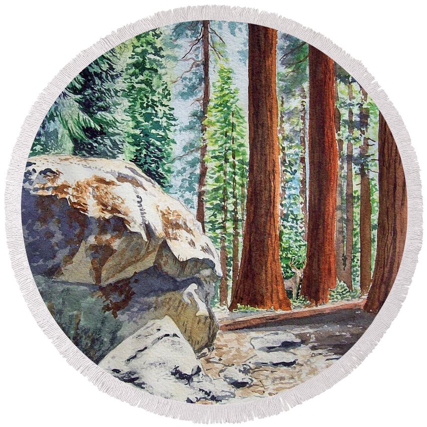 Sequoia Round Beach Towel featuring the painting National Park Sequoia by Irina Sztukowski