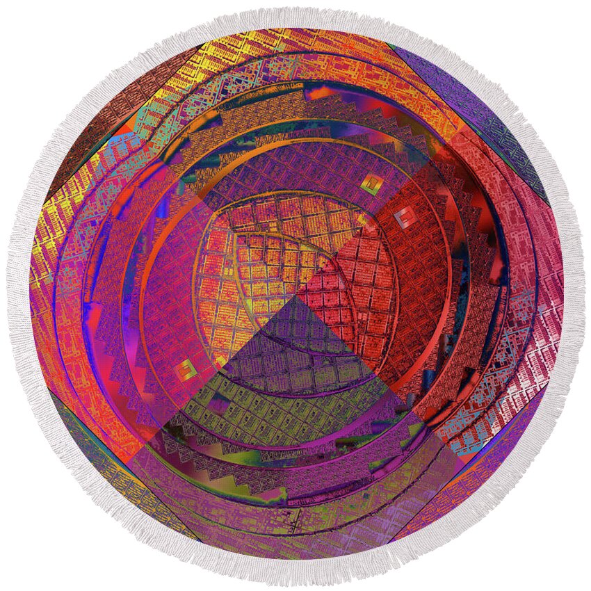 Silicon Valley Round Beach Towel featuring the digital art National Semiconductor Silicon Wafer Computer Chips Abstract 5 by Kathy Anselmo