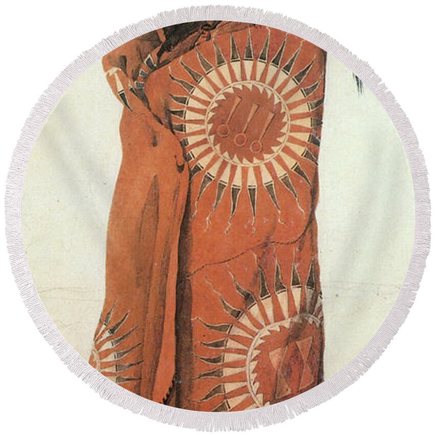 Historic Round Beach Towel featuring the photograph Native American Man In Painted Robe by Photo Researchers