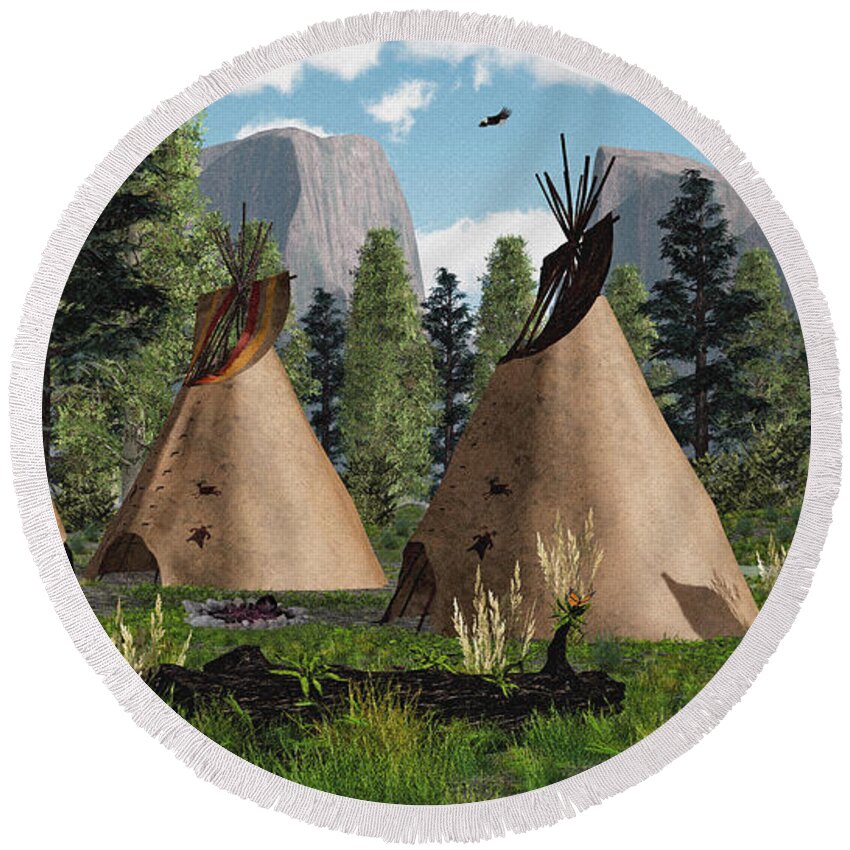 Tepees Round Beach Towel featuring the photograph Native American Mountain Tepees by Walter Colvin