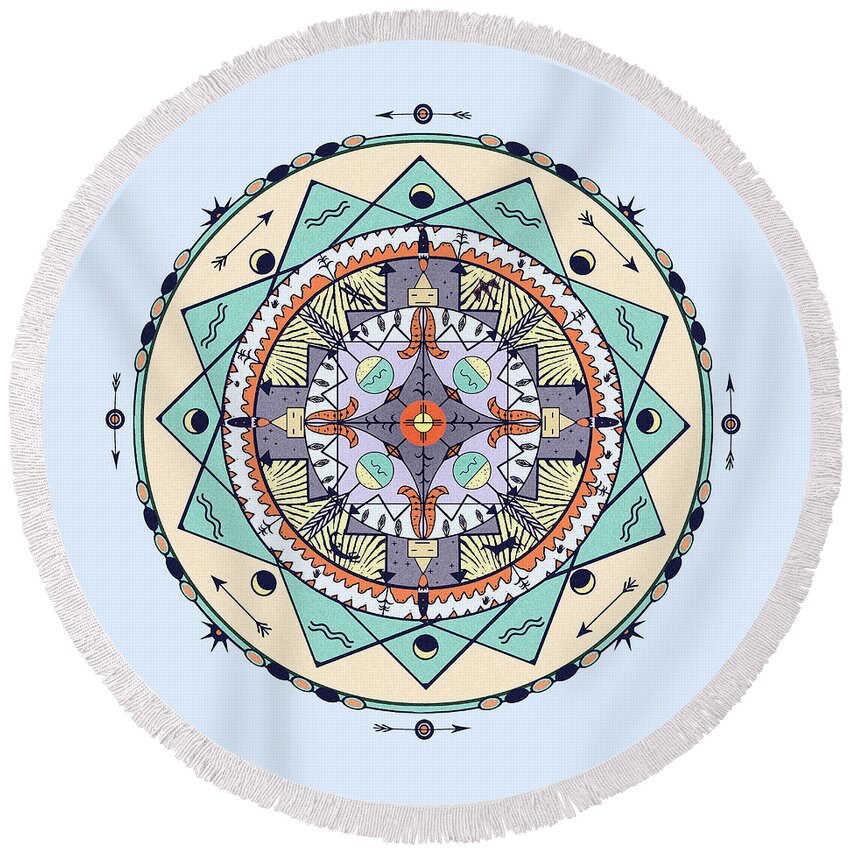 Pastel Round Beach Towel featuring the digital art Native Symbols Mandala by Deborah Smith