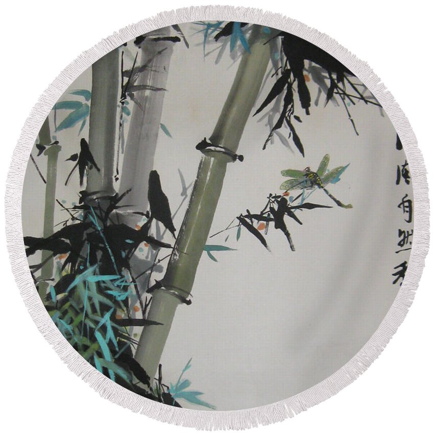 Bamboo Round Beach Towel featuring the painting Natural Scent of Cool Breeze by Guanyu Shi