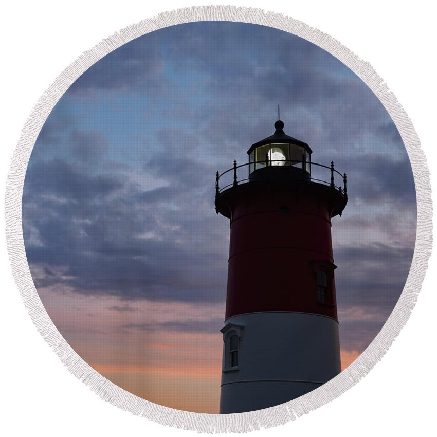 Blue Hour Round Beach Towel featuring the photograph Nauset Light lighthouse at sunset by Marianne Campolongo