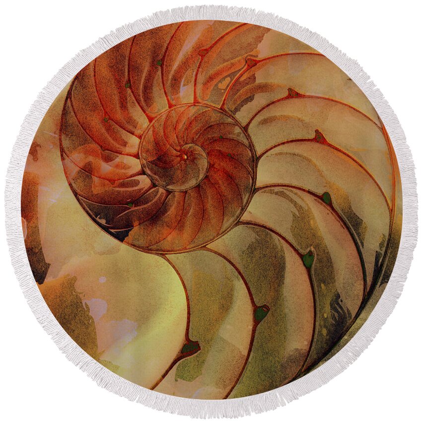 Clare Bambers Round Beach Towel featuring the digital art Nautilus Shell Orange Brown by Clare Bambers