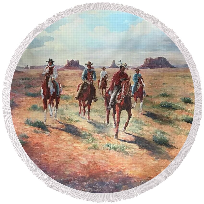 Cowboy Round Beach Towel featuring the painting Navajo Riders by ML McCormick