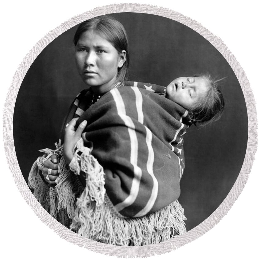 1914 Round Beach Towel featuring the photograph NAVAJO WOMAN & CHILD, c1914 by Granger