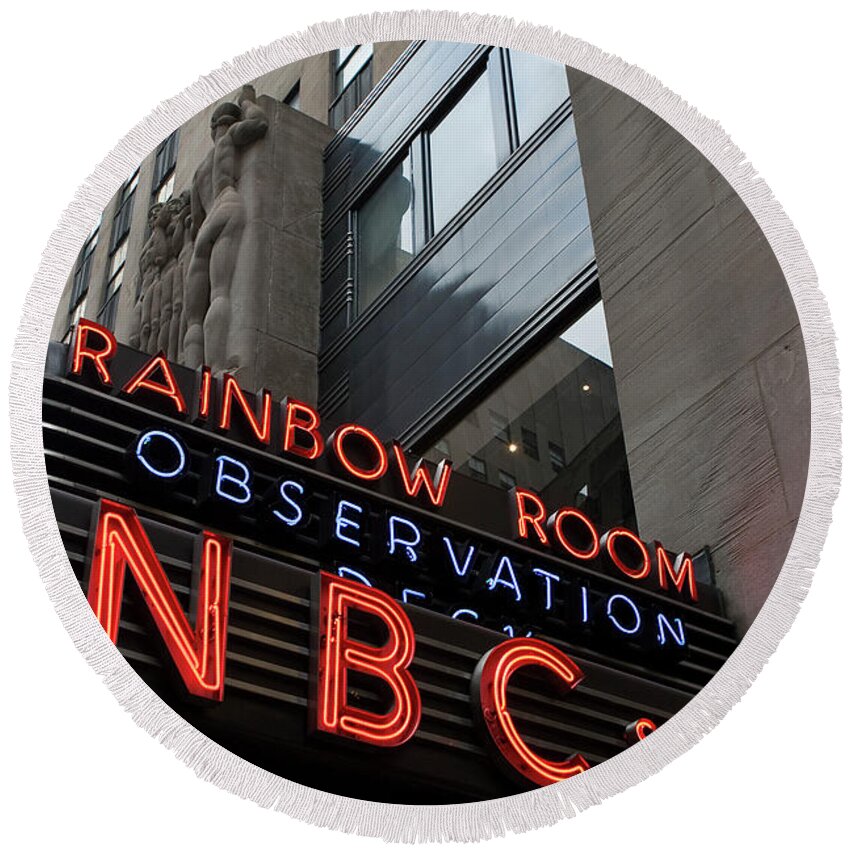 Iconic Sign Round Beach Towel featuring the photograph NBC Studio Rainbow Room Sign by Lorraine Devon Wilke
