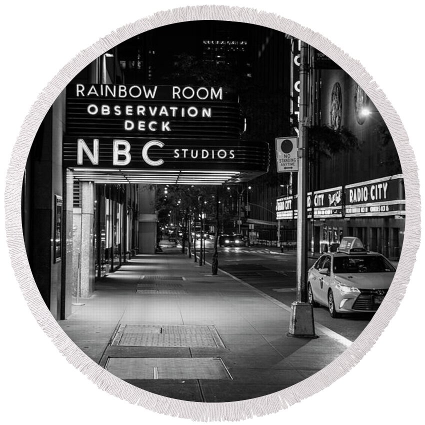 Nyc Round Beach Towel featuring the photograph NBC Studios Rockefeller Center Black and White by John McGraw