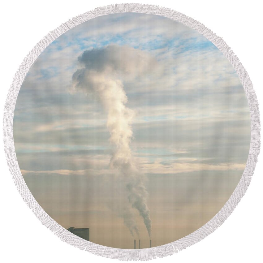 Europe Round Beach Towel featuring the photograph Ndustrial Chimneys Bellowing Out Smoke by Andrew Michael