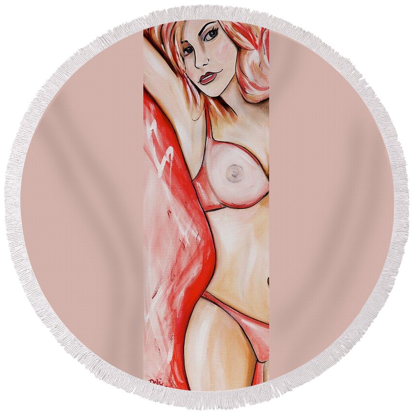 Nearly Naked Blush Round Beach Towel featuring the painting Nearly Naked Blush by Debi Starr