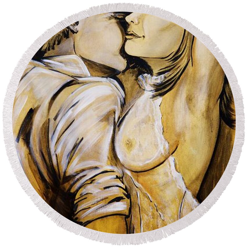 Nearly Naked Sepia Round Beach Towel featuring the painting Nearly Naked Sepia by Debi Starr