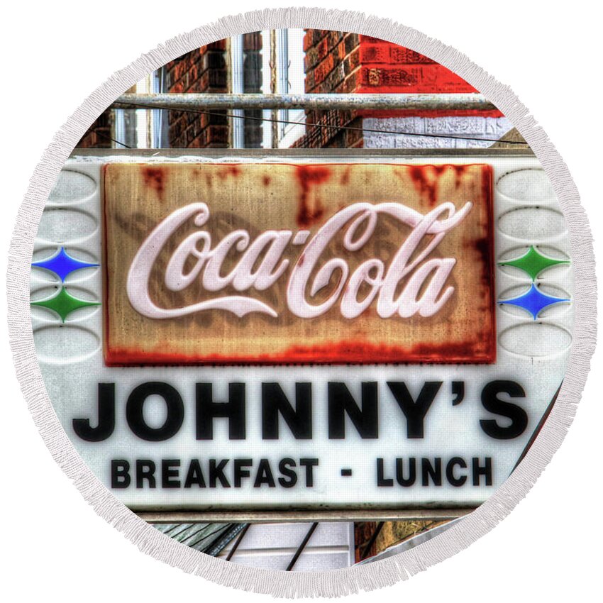 Nebraska City Round Beach Towel featuring the photograph Nebraska City Johnny's for Breakfast Lunch and Coca-Cola by J Laughlin