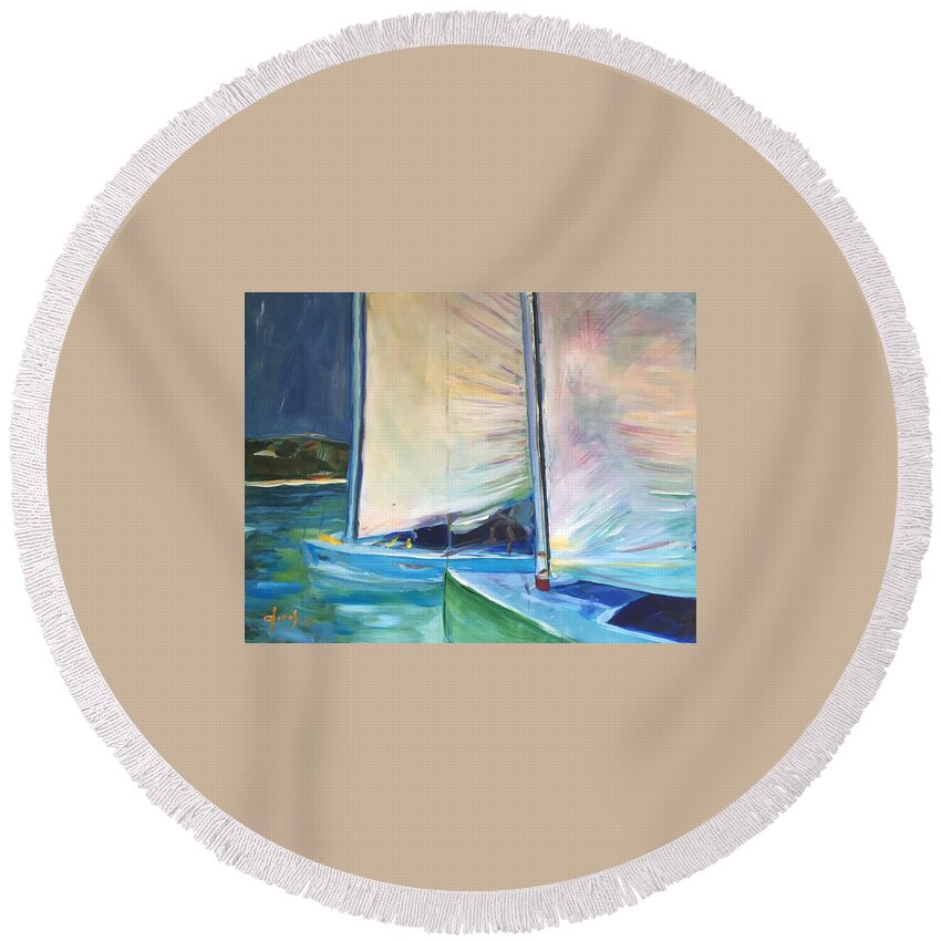 Hope Town Round Beach Towel featuring the painting Neck and Neck by Josef Kelly
