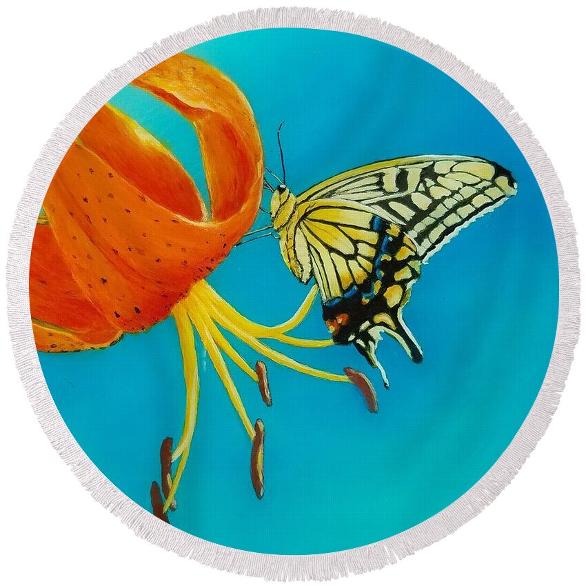 Yellow Butterfly Round Beach Towel featuring the painting Nectar by Christie Minalga