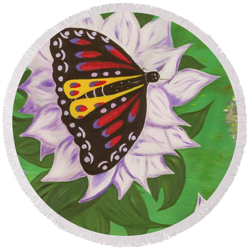 Nature Round Beach Towel featuring the painting Nectar of Life - Butterfly by Neslihan Ergul Colley