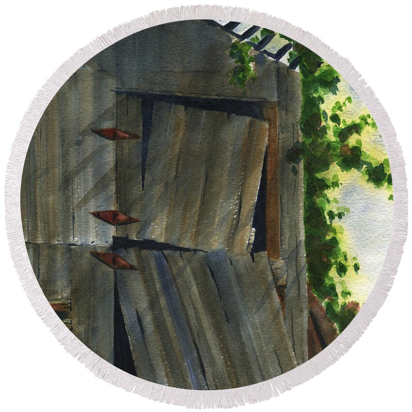 Neighbor Round Beach Towel featuring the painting Neighbor Dons Old Barn 3 by Marsha Elliott