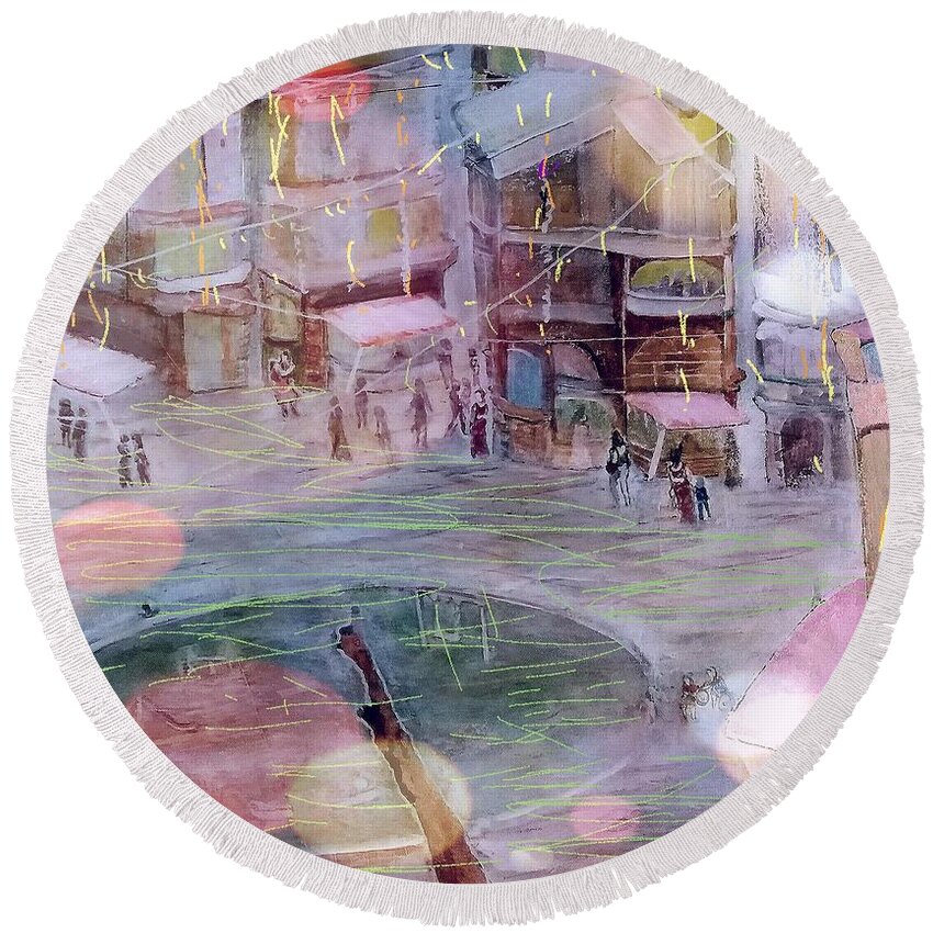 Cityscape Round Beach Towel featuring the painting Neighbourhood during festival by Subrata Bose