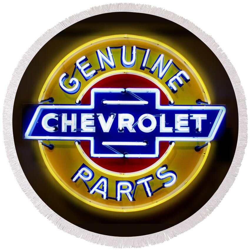 Neon Sign Round Beach Towel featuring the photograph Neon Genuine Chevrolet Parts Sign by Mike McGlothlen