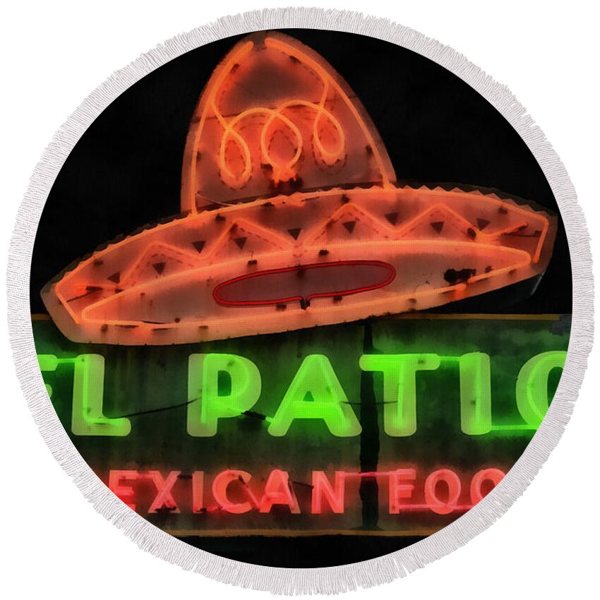 Neon Round Beach Towel featuring the painting Neon Sign Series Mexican Food Austin Texas by Edward Fielding