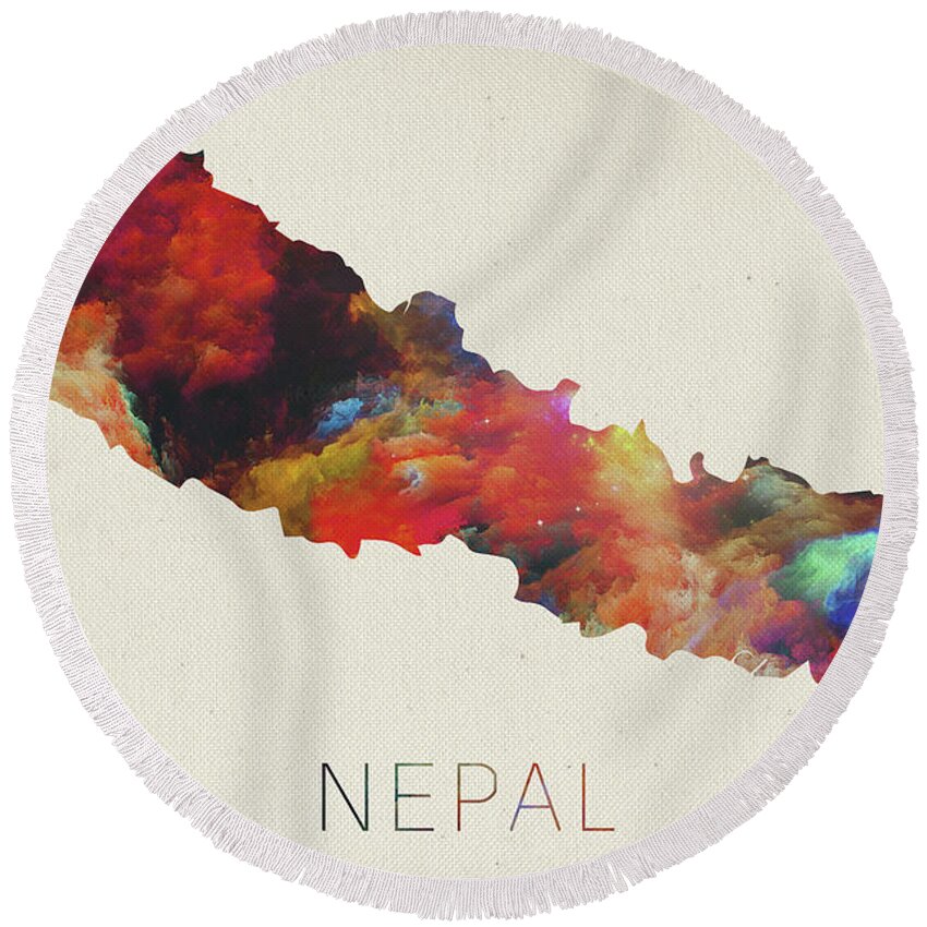 Nepal Round Beach Towel featuring the mixed media Nepal Watercolor Map by Design Turnpike