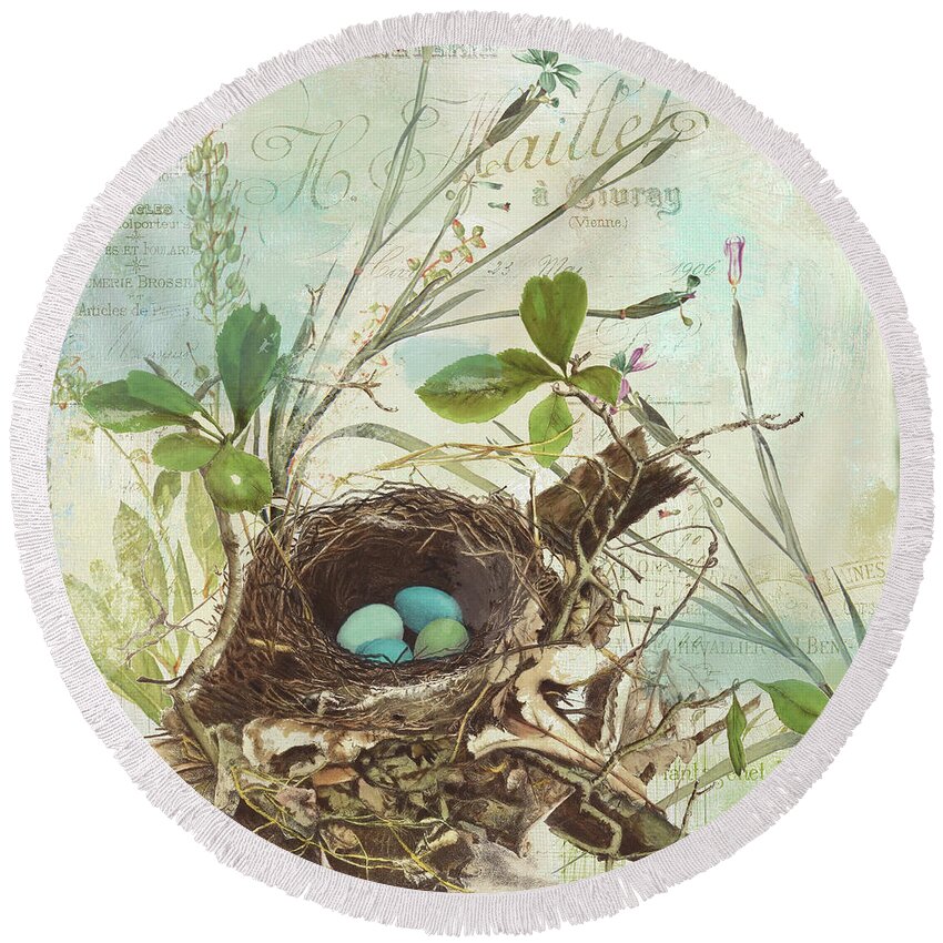 Bird Nest Round Beach Towel featuring the painting Nesting I by Mindy Sommers