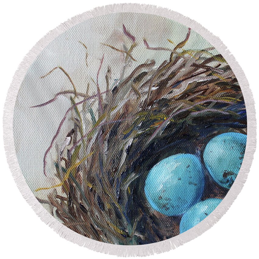 Speckled Round Beach Towel featuring the painting Nestled Blue Eggs by Kristine Kainer