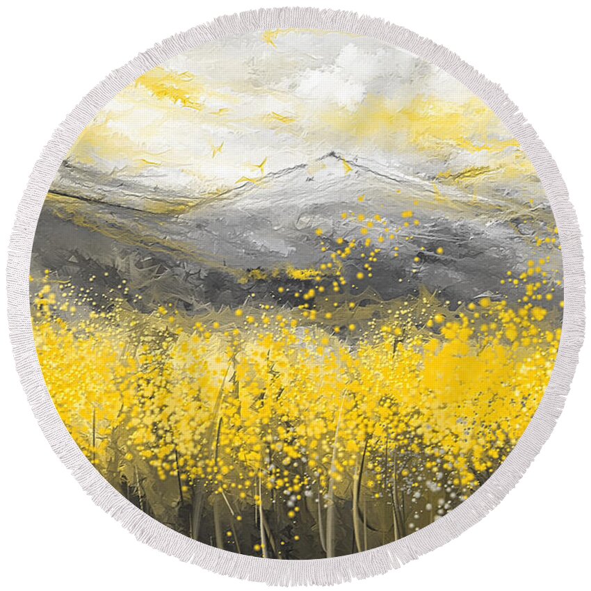 Yellow Round Beach Towel featuring the painting Neutral Sun - Yellow And Gray Art by Lourry Legarde