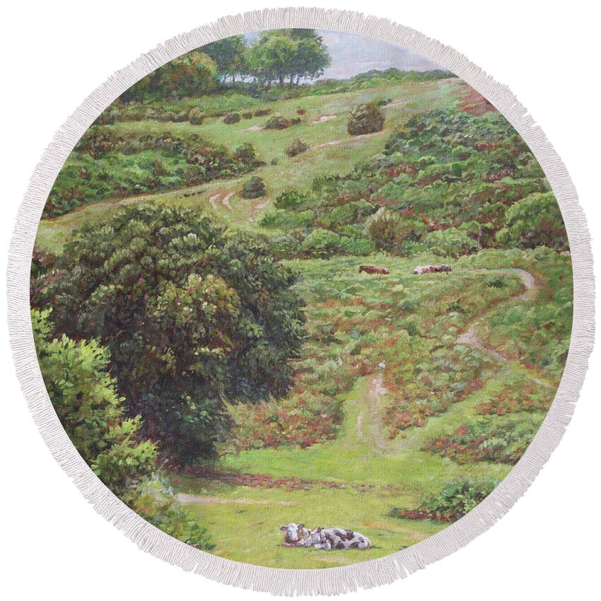 Countryside Round Beach Towel featuring the painting New Forest Hill with cows and horses by Martin Davey