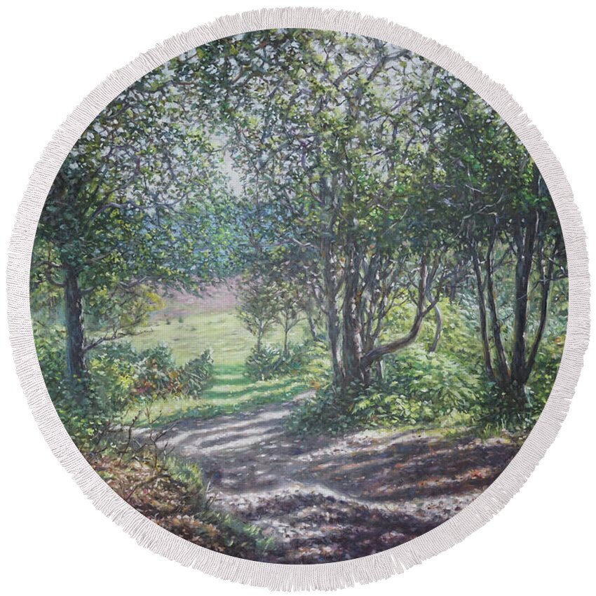 Woodland Round Beach Towel featuring the painting New Forest path in summer evening by Martin Davey