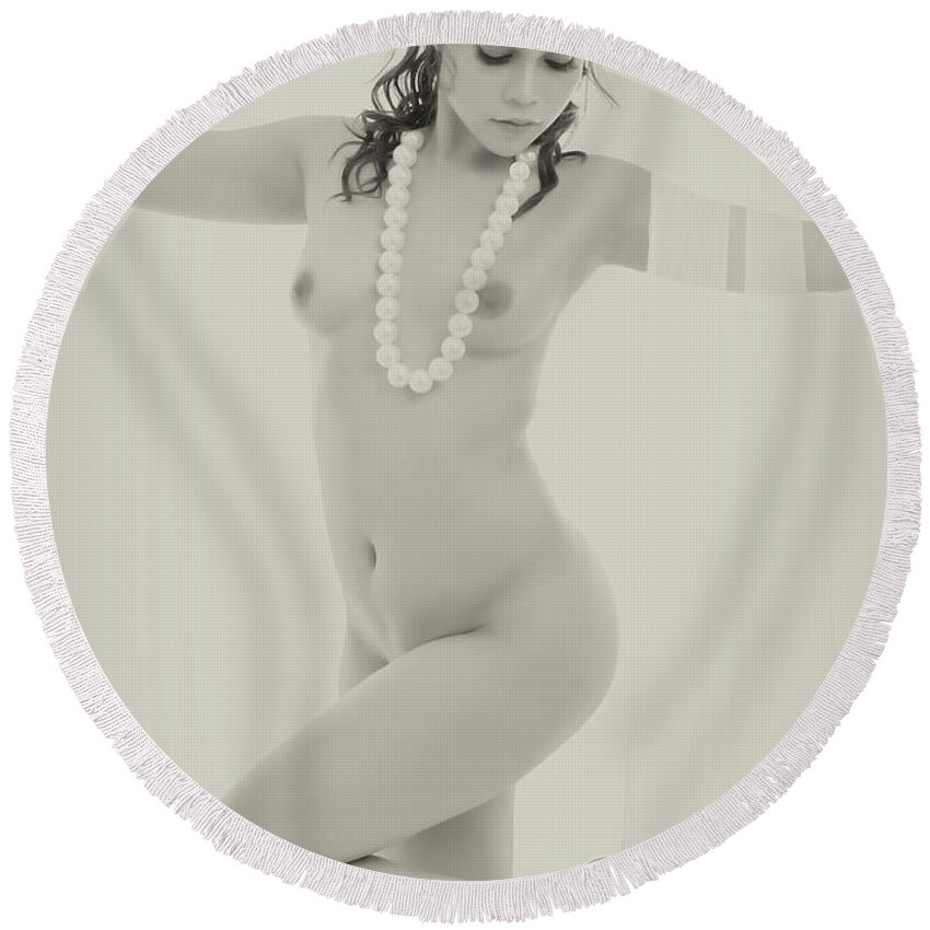 Seductive Round Beach Towel featuring the photograph New Nude by Kiran Joshi