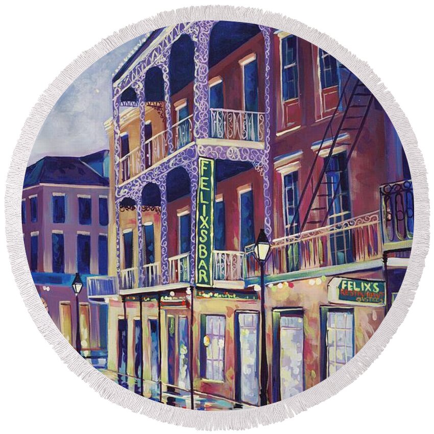 New Orleans Round Beach Towel featuring the painting New Orleans, Felix's Restaurant and Oyster Bar by Elaine Cummins