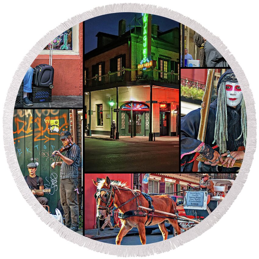 New Orleans Round Beach Towel featuring the photograph New Orleans French Quarter Collage 2 by Steve Harrington