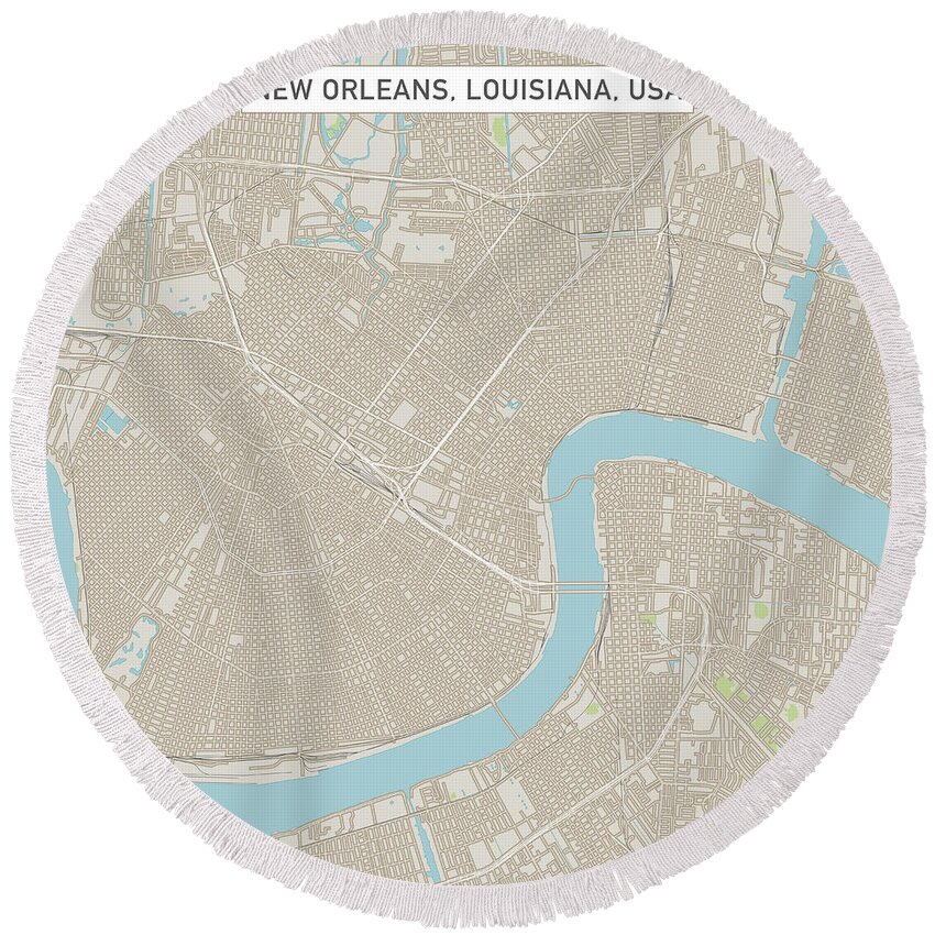 New Orleans Round Beach Towel featuring the digital art New Orleans Louisiana US City Street Map by Frank Ramspott