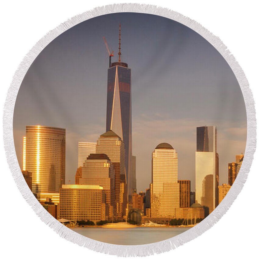 New World Trade Memorial Center Round Beach Towel featuring the photograph New World Trade Memorial Center and New York City Skyline Panorama by Ranjay Mitra