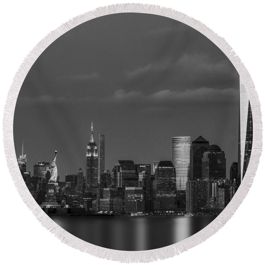 Nyc Skyline Round Beach Towel featuring the photograph New York City Icons BW by Susan Candelario