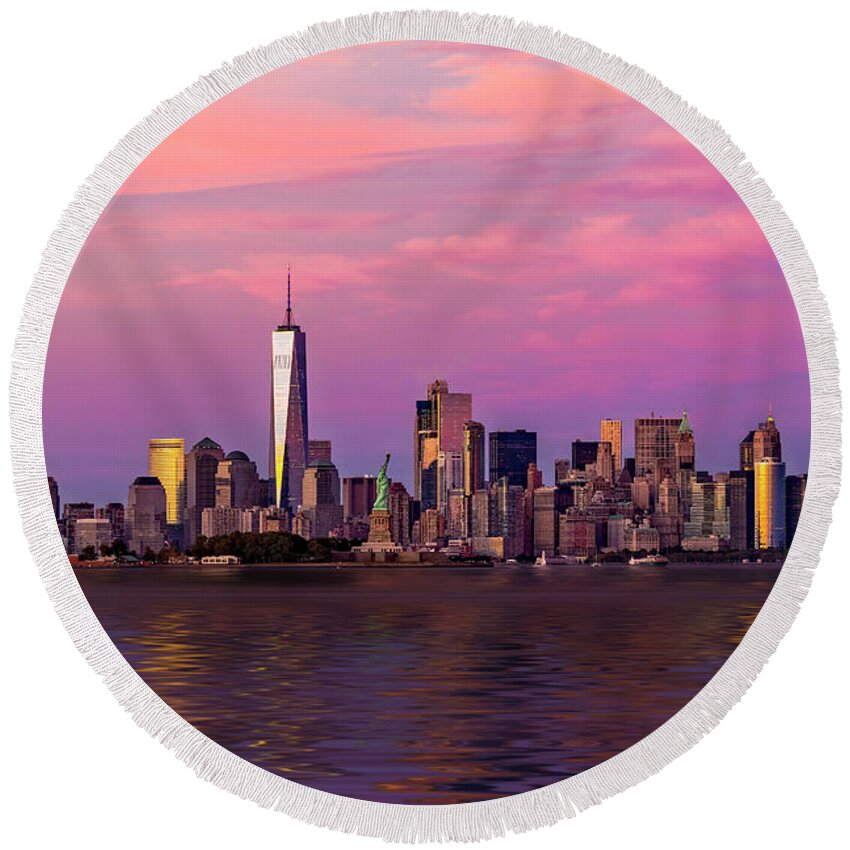 World Trade Center Round Beach Towel featuring the photograph New York City NYC Landmarks by Susan Candelario