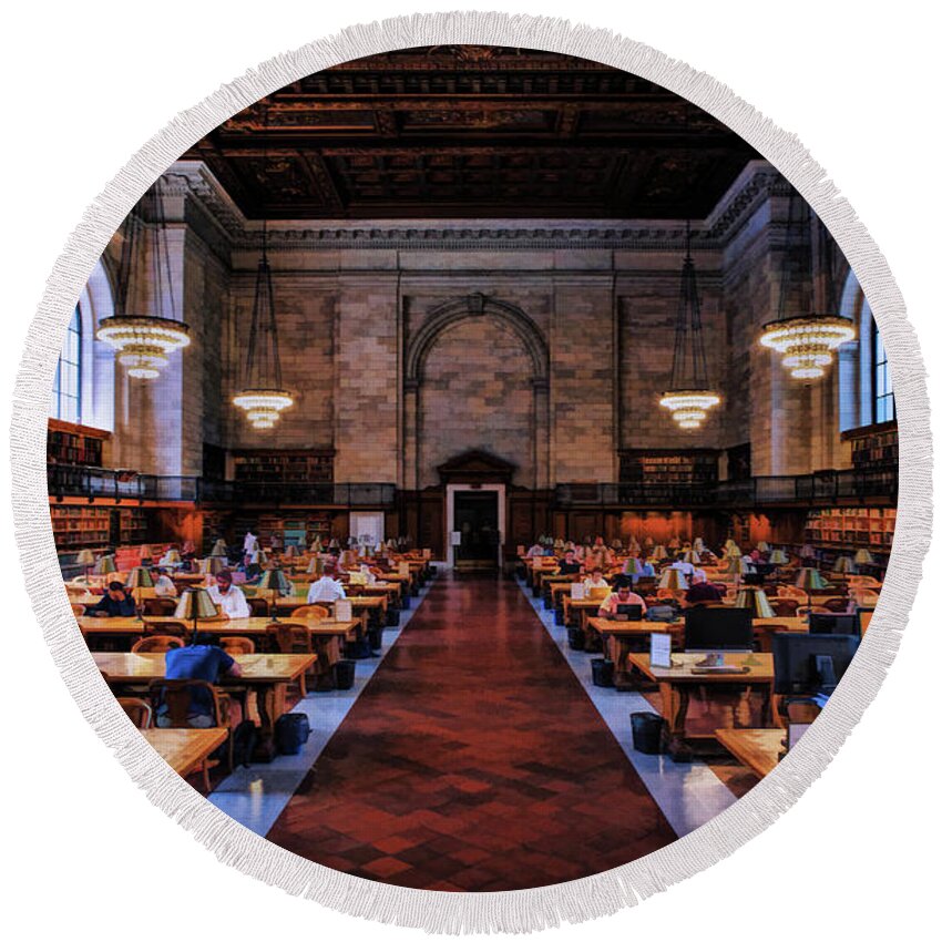 New York Round Beach Towel featuring the painting New York City Public Library Rose Reading Room by Christopher Arndt